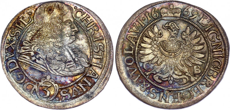German States Silesia Liegnitz-Brieg 3 Kreuzer 1669 CB
KM# 500; Silver; Christi...