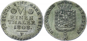 German States Westphalia 1/6 Taler 1808 F
KM# 88; AKS# 13; Silver 5.78 g.; Jérôme Bonaparte; AUNC