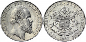 German States Württemberg 1 Vereinsthaler 1867
KM# 615, AKS# 126; J. 85a; Silver 18.49 g.; Karl I; AUNC