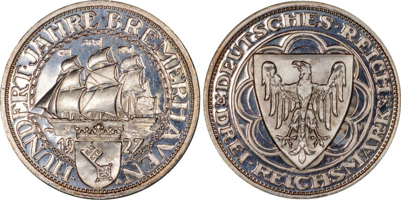 Germany - Weimar Republic 3 Reichsmark 1927 A PCGS PR 64 DCAM
KM# 50; Silver; 1...