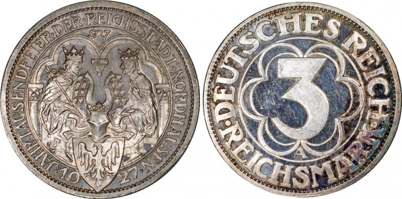 Germany - Weimar Republic 3 Reichsmark 1927 A PCGS PR 63 DCAM
KM# 52; Silver; 1...