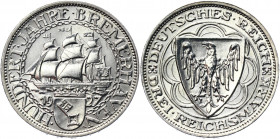 Germany - Weimar Republic 3 Reichsmark 1927 A
KM# 55; J. 325; Silver 14.97 g.; 100th Anniversary - Bremerhaven; UNC Luster
