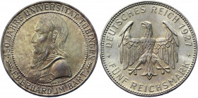 Germany - Weimar Republic 5 Reichsmark 1927 F
KM# 55; J. 329; Silver 24.97 g.; 450th Anniversary - University of Tübingen; UNC Toned