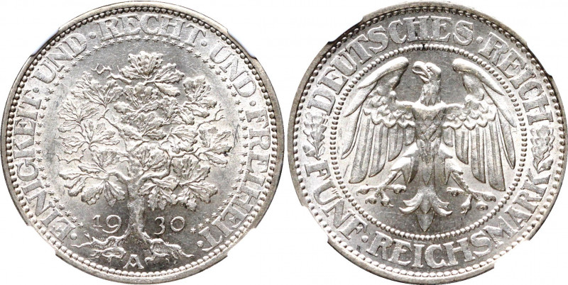 Germany - Weimar Republic 5 Reichsmark 1930 A NGC MS 63
KM# 56; Silver; Oak Tre...