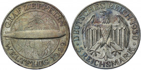 Germany - Weimar Republic 5 Reichsmark 1930 A Commemorative Issue
KM# 68; J. 343; Silver 25.05 g.; Flight of the Graf Zeppelin; Mint: Berlin; AUNC-UN...