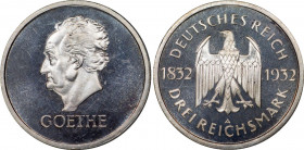 Germany - Weimar Republic 3 Reichsmark 1932 A PCGS PR 65 DCAM
KM# 76; Silver; Centenary - Death of Goethe; Proof
