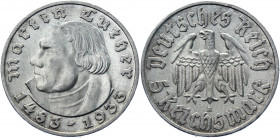 Germany - Third Reich 5 Reichsmark 1933 A Commemorative Issue
KM# 80; J. 353; Silver 13.90 g.; 450th Anniversary of Martin Luther's Birth; UNC Luster