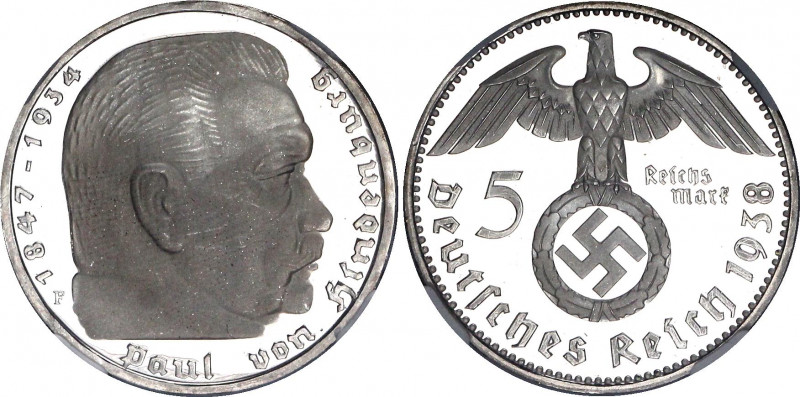 Germany - Third Reich 5 Reichsmark 1938 F Proof NGC PF65 ULTRA CAMEO
KM# 94; Si...
