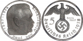 Germany - Third Reich 5 Reichsmark 1938 F Proof NGC PF65 ULTRA CAMEO
KM# 94; Silver, Proof; Swastika - Hindenburg Issue