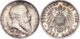 Germany - Empire Baden 5 Mark 1902
KM# 273; Silver; 50th Anniversary of the Reign of Duke Friedrich I; AUNC, with minor hairlines