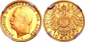 Germany - Empire Baden 10 Mark 1910 G Proof NGC PF67
KM# 282; J. 191; Gold, Proof; Baden 10 Mark 1910 G PP; NGC PF67 Ultra Cameo. Rare in this grade