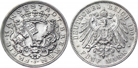 Germany - Empire Bremen 5 Mark 1906 J
KM# 251; J. 60; Silver 27.65 g.; UNC Luster