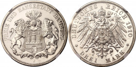 Germany - Empire Hamburg 3 Mark 1910 J Proof NGC PF63
KM# 620; J# 64; Silver, Proof