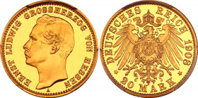 Germany - Empire Hessen 20 Mark 1908 A Proof PCGS PR65 DCAM
KM# 374; J. 226; Gold, Proof; Ernst Ludwig; PCGS PR65 Deep Cameo. Rare. Hessen 20 Mark 19...