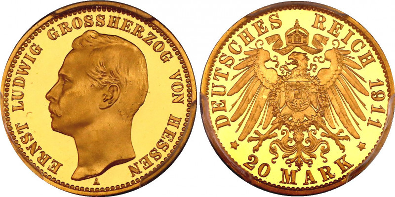 Germany - Empire Hessen 20 Mark 1911 A Proof PCGS PR67DCAM
KM# 374; J. 226. Gol...