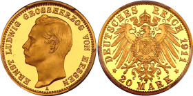 Germany - Empire Hessen 20 Mark 1911 A Proof PCGS PR67DCAM
KM# 374; J. 226. Gold, Proof; Ernst Ludwig; PCGS PR67 Deep Cameo. Rare. Hessen 20 Mark 191...
