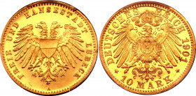 Germany - Empire Lubeck 10 Mark 1901 A Proof PCGS PR64DCAM
KM# 211; J. 227; Gold; Hansestadt Lubeck 10 Mark 1901 A PP.