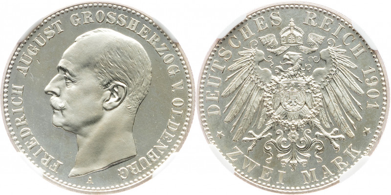 Germany - Empire Oldenburg 2 Mark 1901 A NGC PF 65 CAMEO
KM# 202; Silver, Proof...