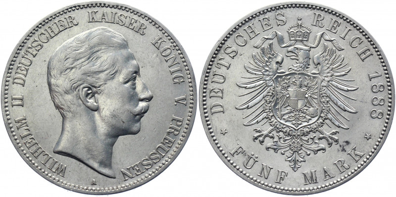 Germany - Empire Prussia 5 Mark 1888 A
KM# 513; J. 101; Silver 27.74 g.; Wilhel...