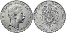 Germany - Empire Prussia 5 Mark 1888 A
KM# 513; J. 101; Silver 27.74 g.; Wilhelm II; Mint: Berlin; UNC
