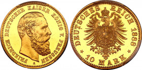Germany - Empire Prussia 10 Mark 1888 A Proof PCGS PR64CAM
KM# 514; J. 247; Gold, Proof; Friedrich; Deutsches Kaiserreich Preussen 10 Mark 1888 A PP.