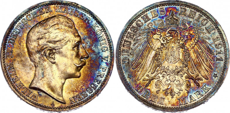 Germany - Empire Prussia 3 Mark 1911 A Proof
KM# 527; Silver, Proof; Wilhelm II...