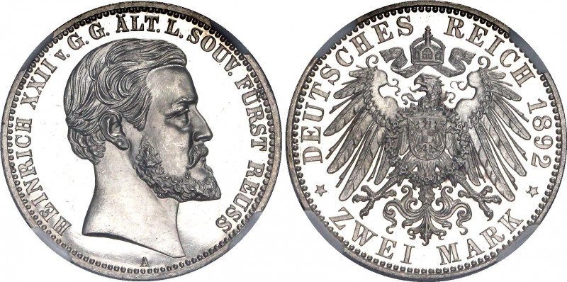 Germany - Empire Reuss-Obergreiz 2 Mark 1892 A Proof NGC PF63 CAMEO
J. 117; Sil...