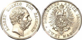 Germany - Empire Saxony-Albertine 2 Mark 1888 E NGC MS64
KM# 1238; J# 121; Albert; Silver; Sachsen Albertiner 2 Mark 1888 E.