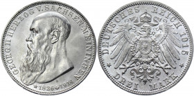 Germany - Empire Saxe-Meiningen 3 Mark 1915 D
KM# 207; J. 155; Silver 16.62 g.; Death of Duke Georg II; Bernhard III; UNC Luster
