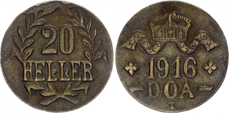 German East Africa 20 Heller 1916 T
KM# 15a; Obverse A and reverse C; Curled ti...