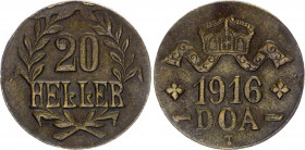 German East Africa 20 Heller 1916 T
KM# 15a; Obverse A and reverse C; Curled tips on L's; Wilhelm II; Tabora Emergency Coinage; AUNC