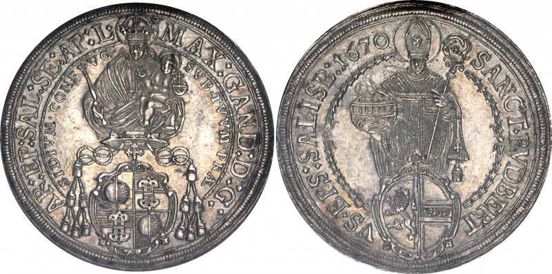 Austria Salzburg 1 Taler 1670 NGC AU 58
KM# 190, Dav. 3508; Silver; Max Gandolf...