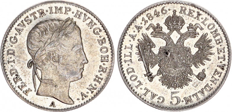 Austria 5 Kreuzer 1846 A
KM# 2196; Silver 2.21 g.; Ferdinand I; Mint: Vienna; U...