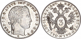 Austria 3 Kreuzer 1847 C
KM# 2191; Adamo# D2; Silver 1.69 g.; Ferdinand I; Mint: Prague; UNC, full mint luster. Extremely rare condition.