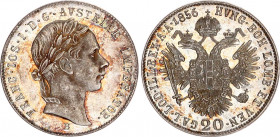 Austria 20 Kreuzer 1856 B
KM# 2211; Silver 4.29 g.; Franz Joseph I; Mint: Kremnica (Kremnitz); UNC, full mint luster. Extremely rare condition.