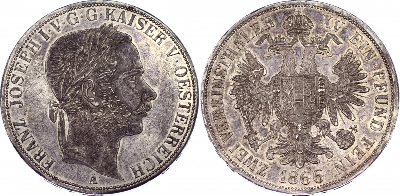 Austria 2 Vereinsthaler 1866 A
KM# 2250; Silver; Franz Joseph I; Mintage 10.395...