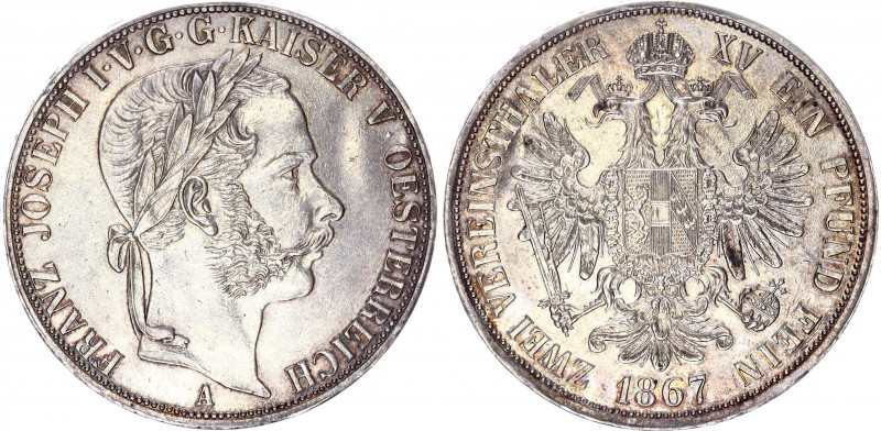 Austria 2 Vereinsthaler 1867 A
KM# 2250; Silver; Franz Joseph I; AUNC/UNC with ...