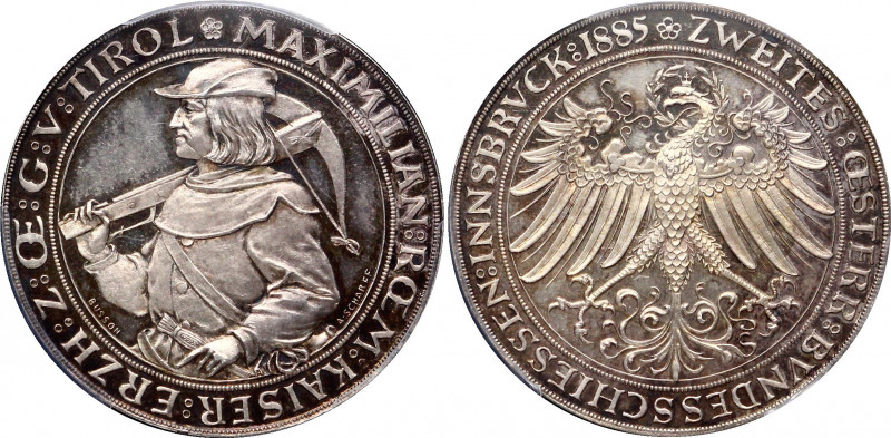 Austria 2 Gulden 1885 Innsbruck Shootong Festival PCGS SP65
Horsky# 6098, Peltz...