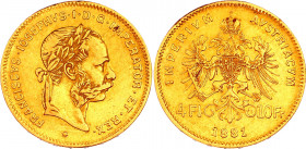 Austria 4 Florin / 10 Francs 1881
KM# 2260; Gold (.900) 3.16 g., 19 mm.; Franz Joseph I; Mintage 6370 pcs.; VF