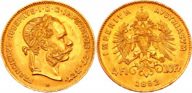 Austria 4 Florin / 10 Francs 1892 Restrike
KM# 2260; Gold (900) 3.20g.; Franz Joseph I; AUNC