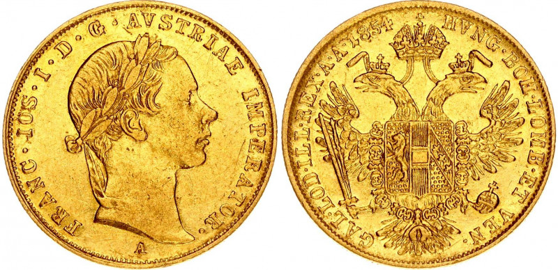 Austria 1 Ducat 1854 A
KM# 2263; Gold (.986) 3.49 g., 19.8 mm.; Franz Joseph I;...