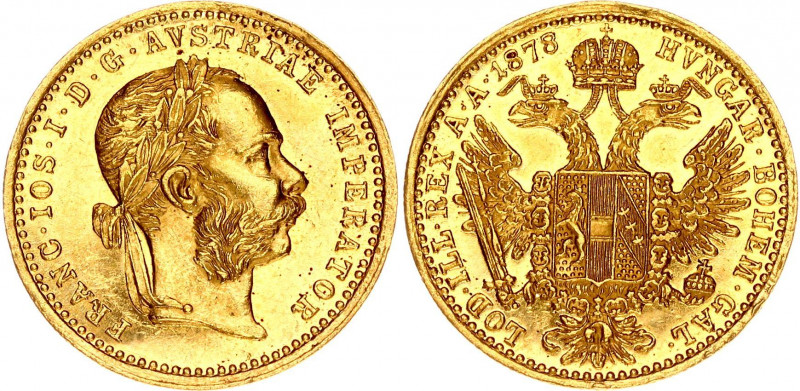 Austria 1 Ducat 1878
KM# 2267; Gold (.986) 3.49 g., 20 mm.; Franz Joseph I; UNC...