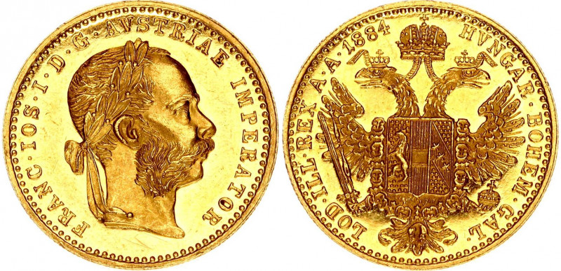 Austria 1 Ducat 1884
KM# 2267; Gold (.986) 3.49 g., 20 mm.; Franz Joseph I; UNC...
