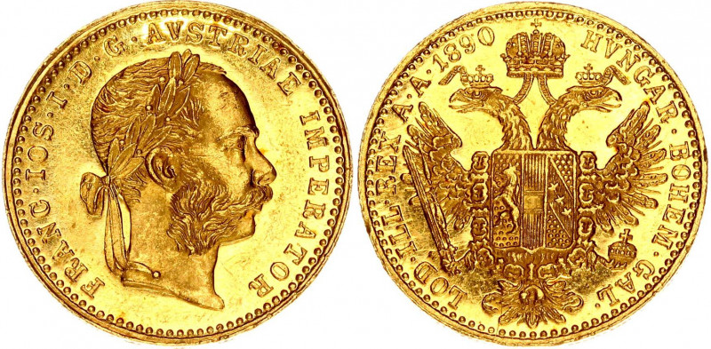Austria 1 Ducat 1890
KM# 2267; Gold (.986) 3.49 g., 20 mm.; Franz Joseph I; UNC...