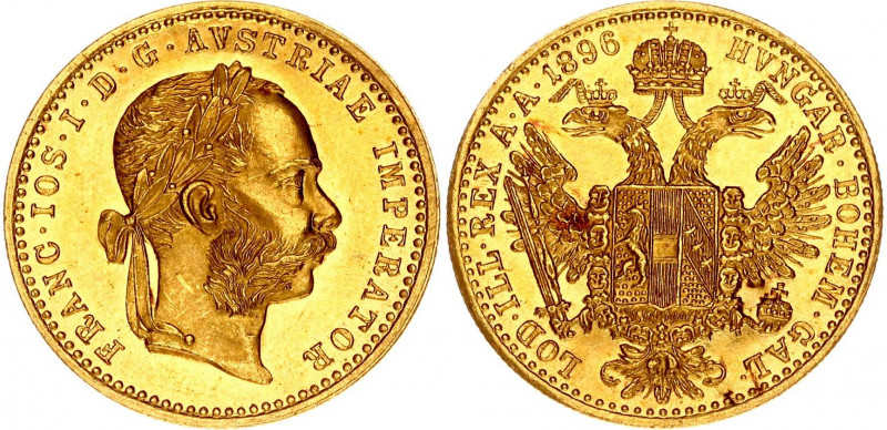 Austria 1 Ducat 1896
KM# 2267; Gold (.986) 3.49 g., 20 mm.; Franz Joseph I; UNC...