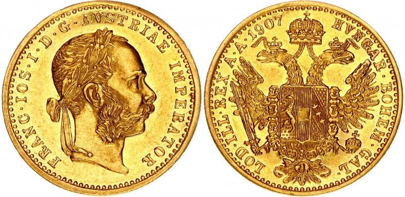 Austria 1 Ducat 1907
KM# 2267; Gold (.986) 3.49 g., 20 mm.; Franz Joseph I; AUN...