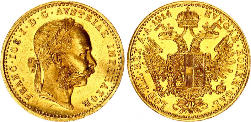Austria 1 Ducat 1914
KM# 2267; Gold (.986) 3.49 g., 20 mm.; Franz Joseph I; UNC...