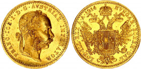Austria 1 Ducat 1914
KM# 2267; Gold (.986) 3.49 g., 20 mm.; Franz Joseph I; UNC with minor hairlines