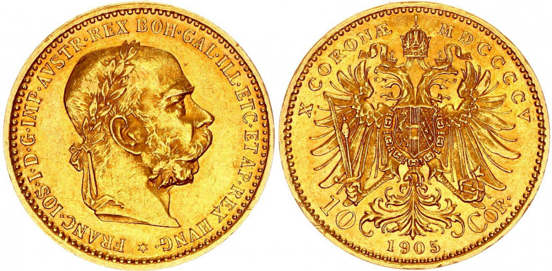 Austria 10 Corona 1905 MDCCCCV
KM# 2805; Gold (.900) 3.38 g., 19 mm.; Franz Jos...