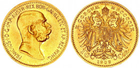 Austria 10 Corona 1909 MDCCCCIX
KM# 2815; Gold (.900) 3.38 g., 18.95 mm.; Franz Joseph I; UNC with minor hairlines
